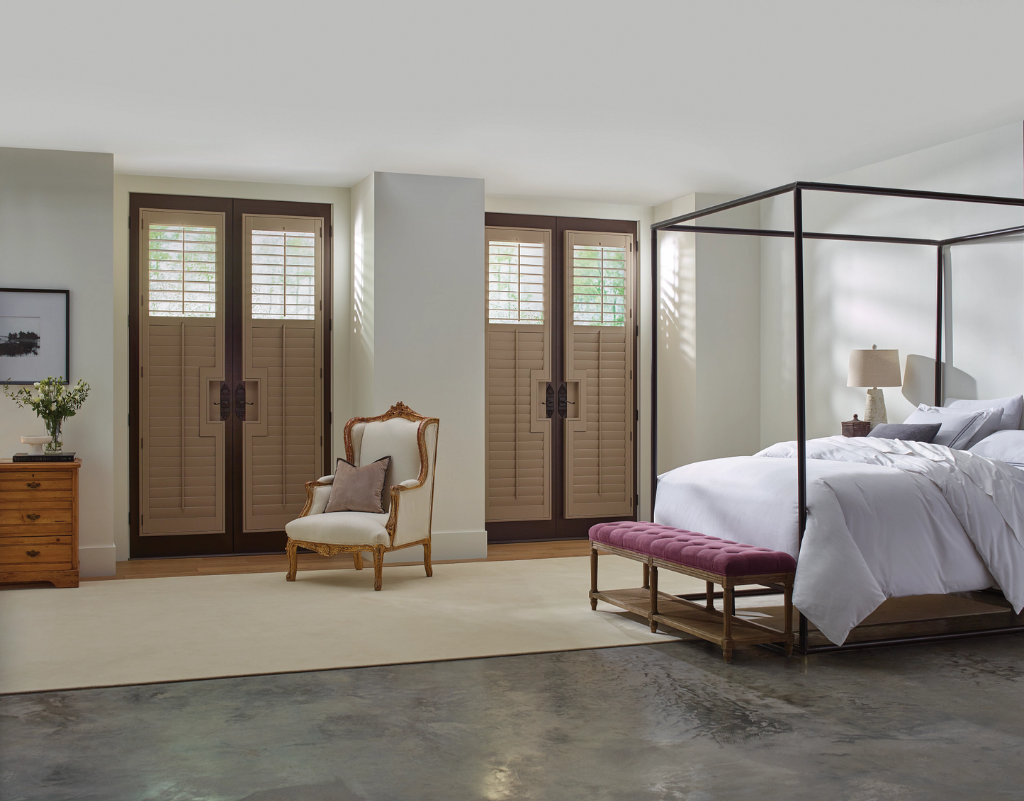 Stained Wood French Door Plantation Shutter