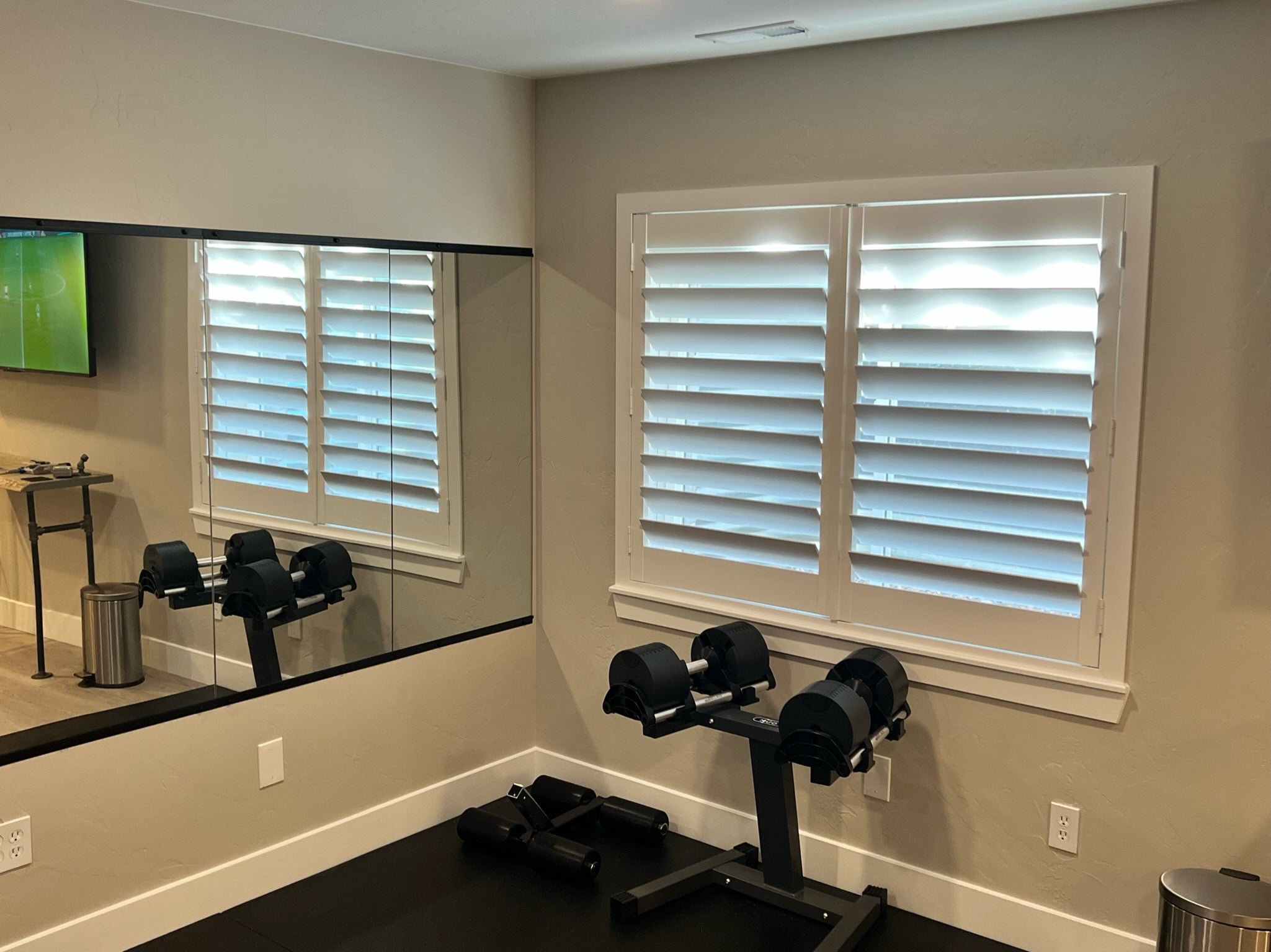plantation shutters in a home gym