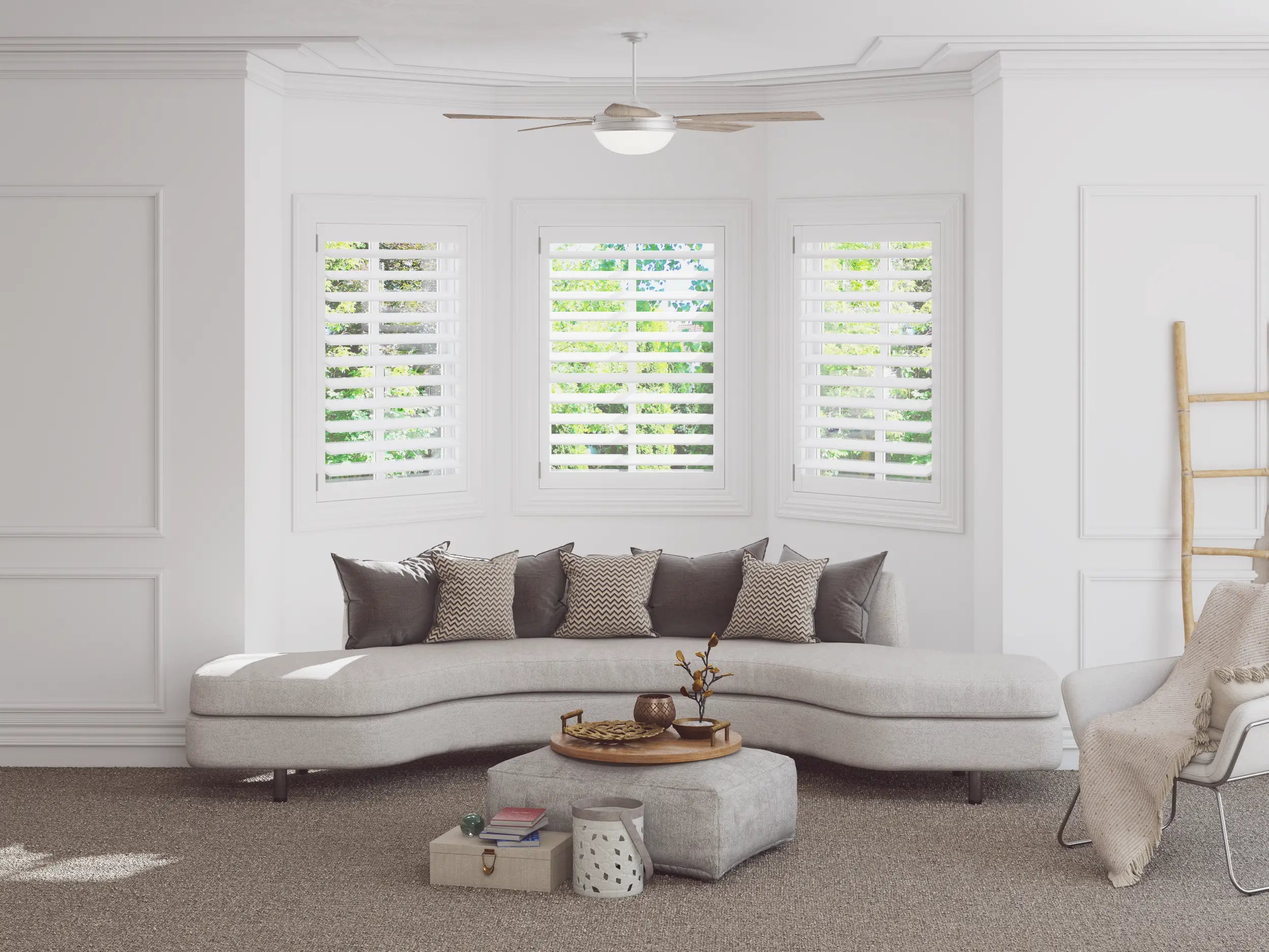 living room with window shutters