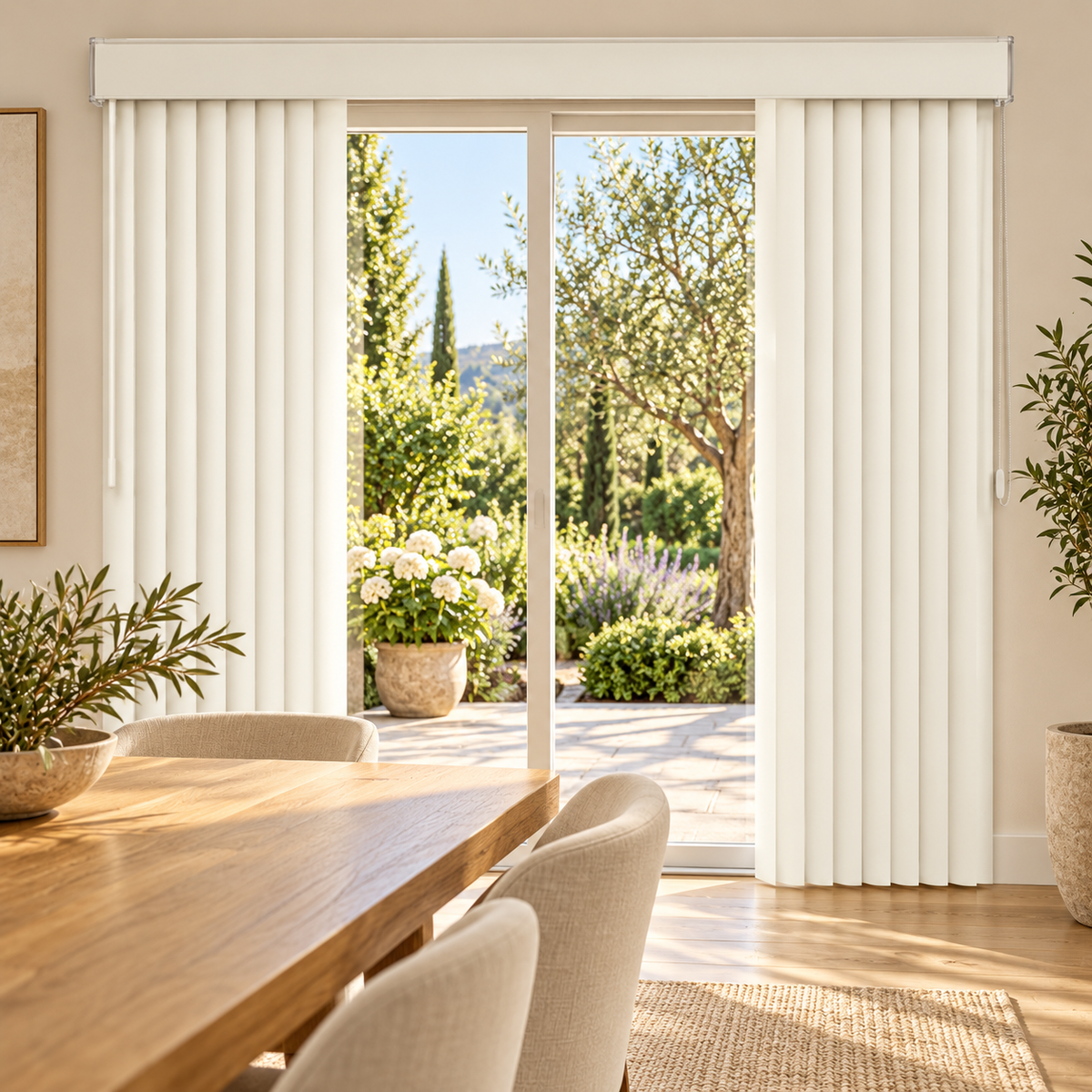Center-split vertical blinds in a dining room