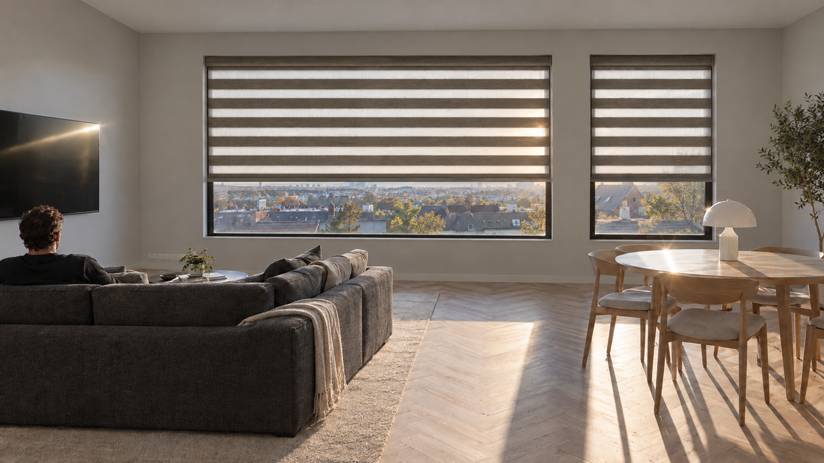 Zebra Shades in Bronze — a modern open-plan living room in a recently renovated townhouse, 3:1 ultra-wide aspect ratio