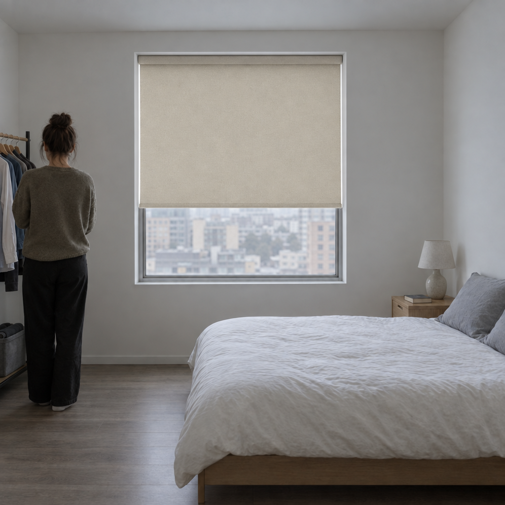 Blackout Roller Shades in Ivory — a small modern apartment bedroom, late afternoon under heavy overcast