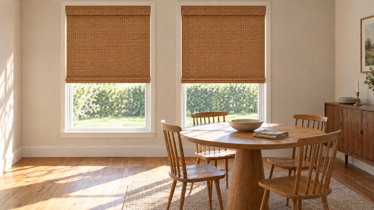 Blackout Woven Wood Shades in Honey Cane — a residential dining room with two tall windows dressed for natural-fibre shades, mid-morning in bright directional sun