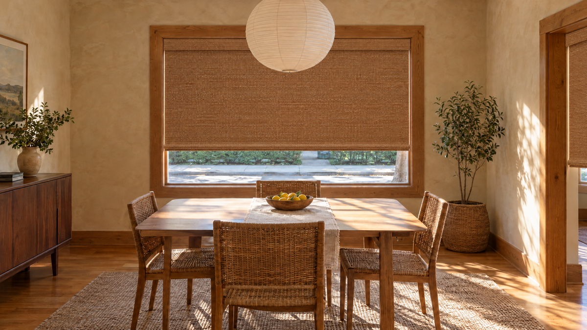 Blackout Woven Wood Shades in Amber Loom — a warm, natural-textured dining room on the ground floor of a city bungalow that faces a sidewalk, aspect ratio 3:1 ultra-wide