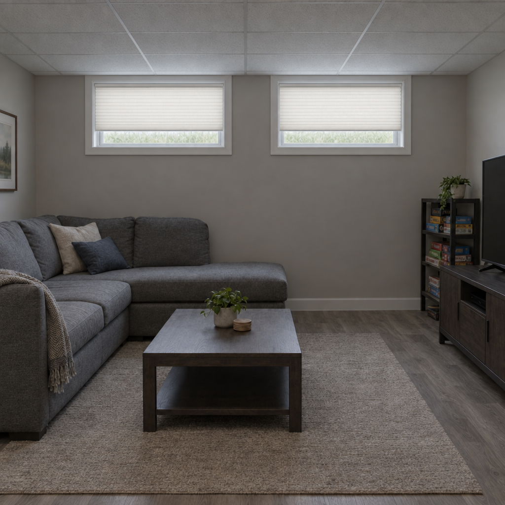 Light Filtering Cellular Shades in White — a finished residential basement family room, daytime under overcast sky