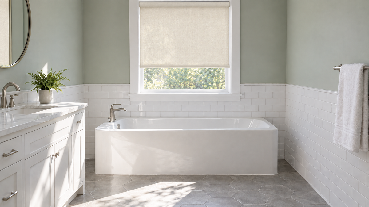 Light Filtering Roller Shades in Ivory — a family bathroom, morning with bright directional sun