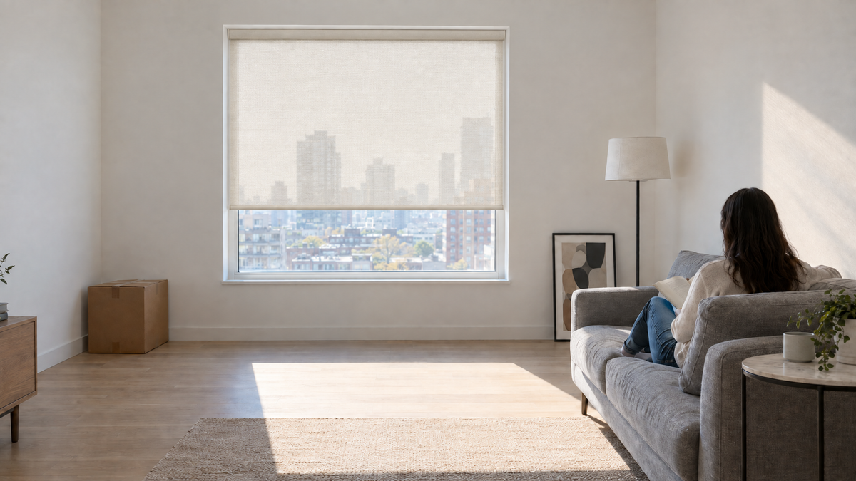 Light Filtering Roller Shades in Ivory — Photorealistic interior photography of a contemporary rental apartment living room, lightly furnished in the way a recent move-in looks