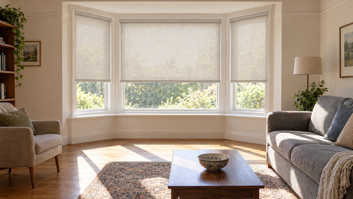 Light Filtering Roller Shades in Linen Mist — a residential living room with a three-pane bay window, mid-morning