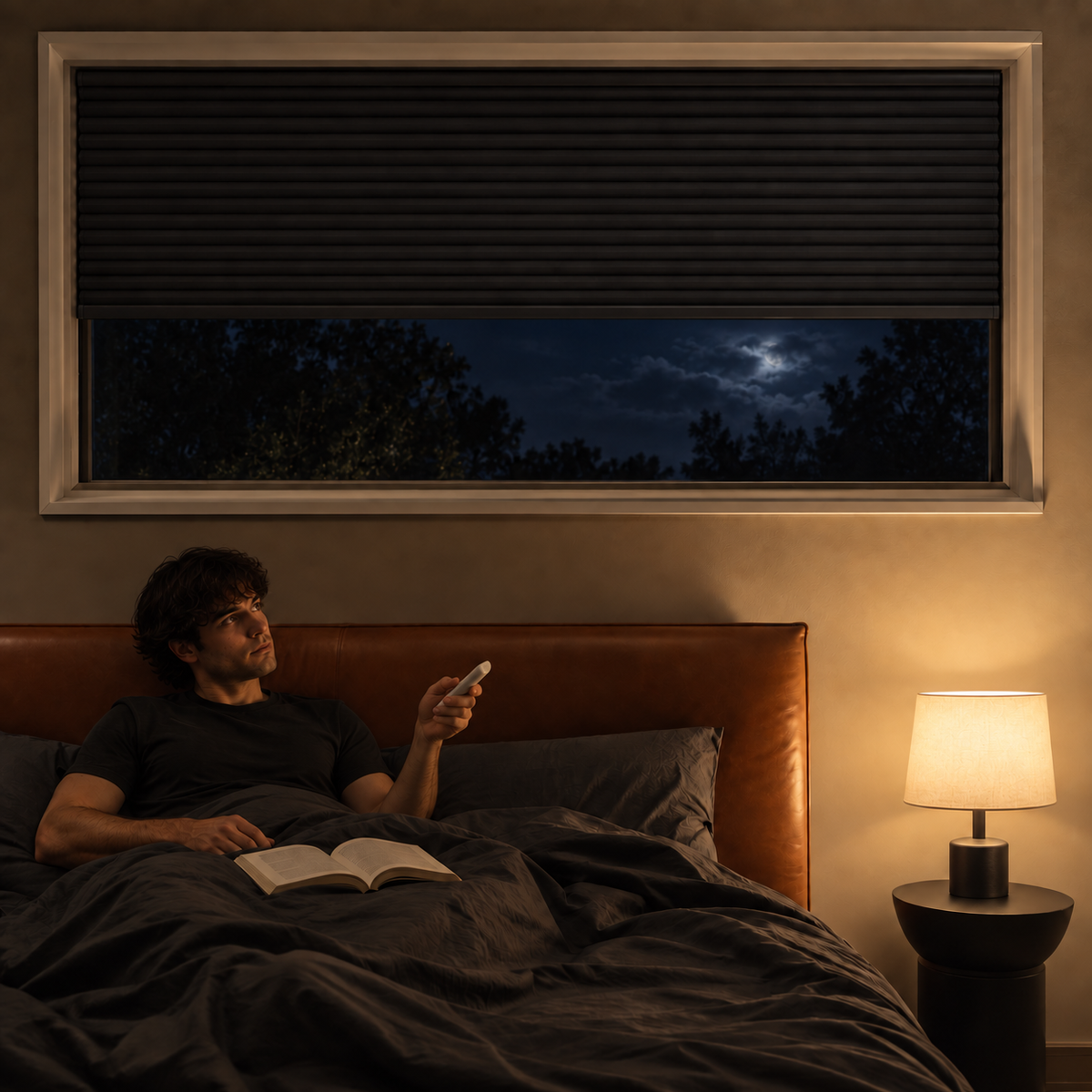 A man relaxes in bed under a lit nightstand lamp, holding a remote control in a dimly lit bedroom. Above him, a window with dark roller blinds shows a night sky with the moon and tree silhouettes.