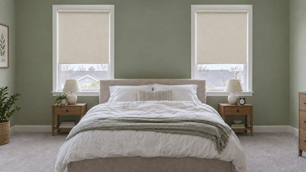 Blackout Roller Shades in Ivory — a calm, simply furnished adult bedroom in a suburban house, 3:1 ultra-wide aspect ratio