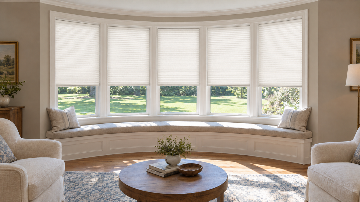 Light Filtering Cellular Shades in White — a traditional living room built around a curved bow window, aspect ratio 3:1 ultra-wide