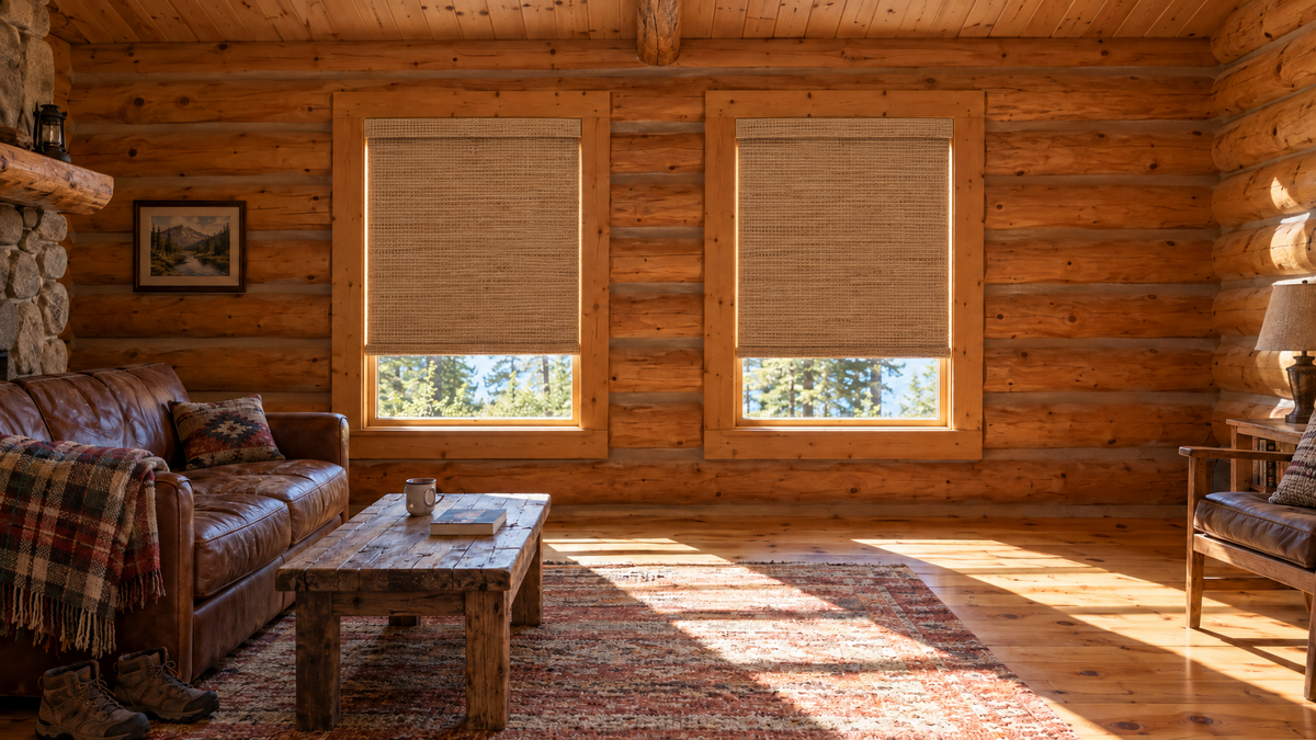 Blackout Woven Wood Shades in Prairie Jute — a lived-in log cabin living room in the mountains, late morning