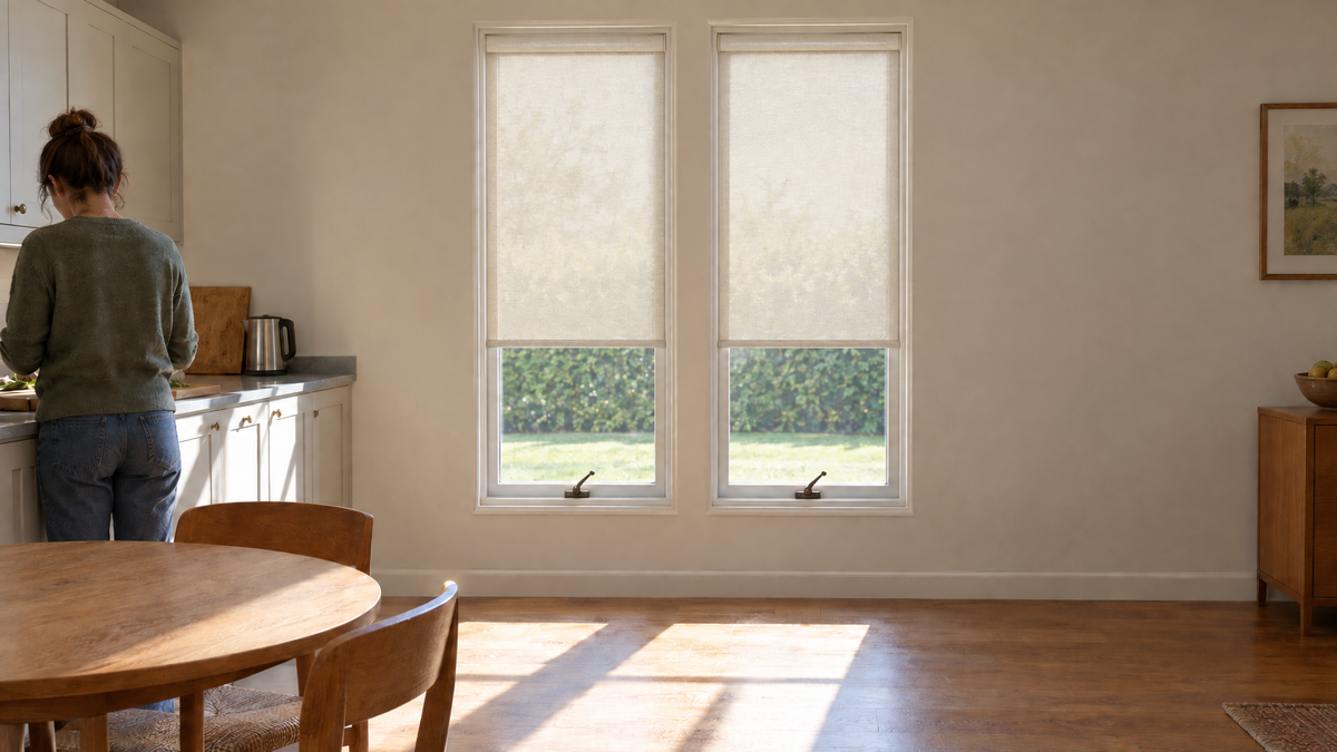 Light Filtering Roller Shades in Ivory — a residential kitchen with a pair of tall narrow casement windows, mid-morning