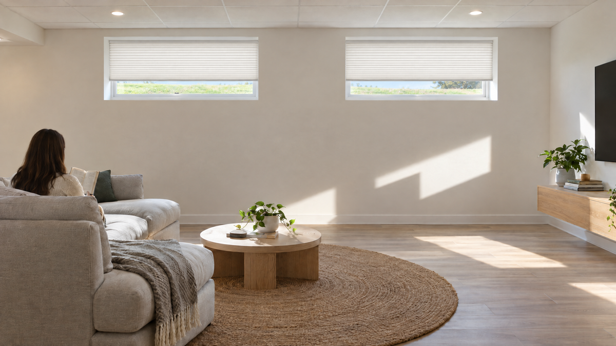 Light Filtering Cellular Shades in White — a newly finished basement family room in a suburban home, moderately furnished: a low light-gray sectional sofa, a round jute rug, a white oak coffee table, a simple floating media shelf with plants and books,