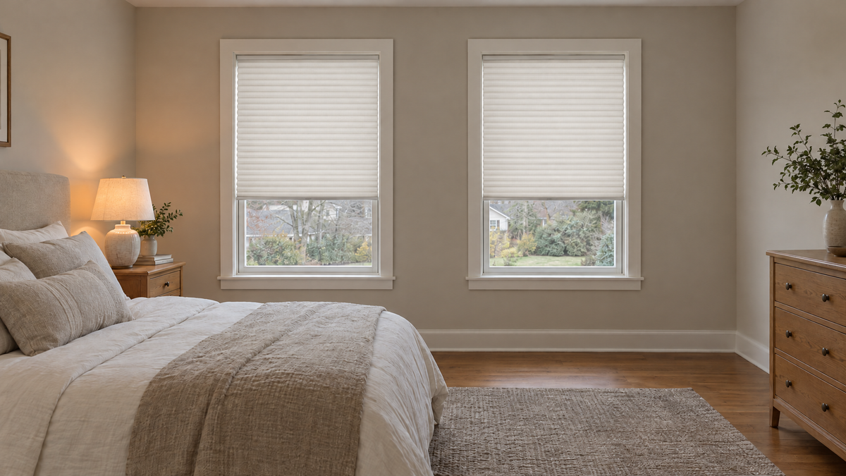 Blackout Cellular Shades in White — a calm, lived-in primary bedroom in a 1990s suburban house, fully furnished: upholstered headboard queen bed with layered white and oatmeal linen bedding, two oak nightstands with ceramic lamps, a wool rug in warm gray