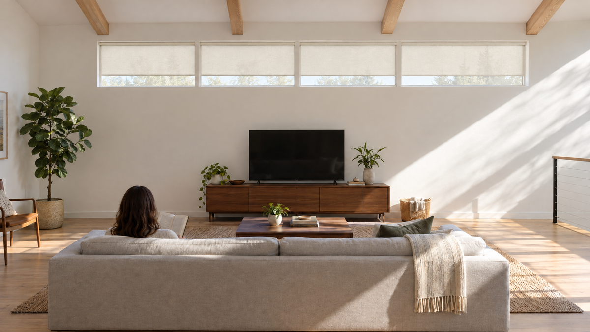 Light Filtering Roller Shades in Ivory — a contemporary open living room with a row of clerestory windows high on the back wall, aspect ratio 3:1 ultra-wide