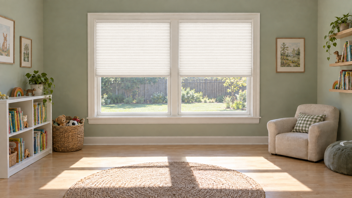 Light Filtering Cellular Shades in White — Ultra-realistic interior photograph, 3:1 ultra-wide aspect ratio