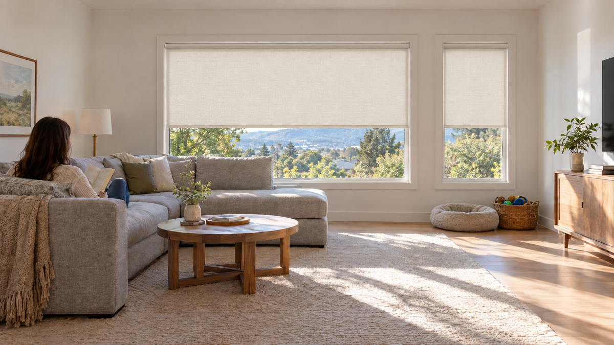 Light Filtering Roller Shades in Ivory — a bright, casual family room in a suburban home