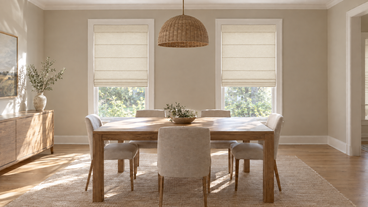 Light Filtering Roman Shades in Ivory — a transitional dining room in a lived-in family home