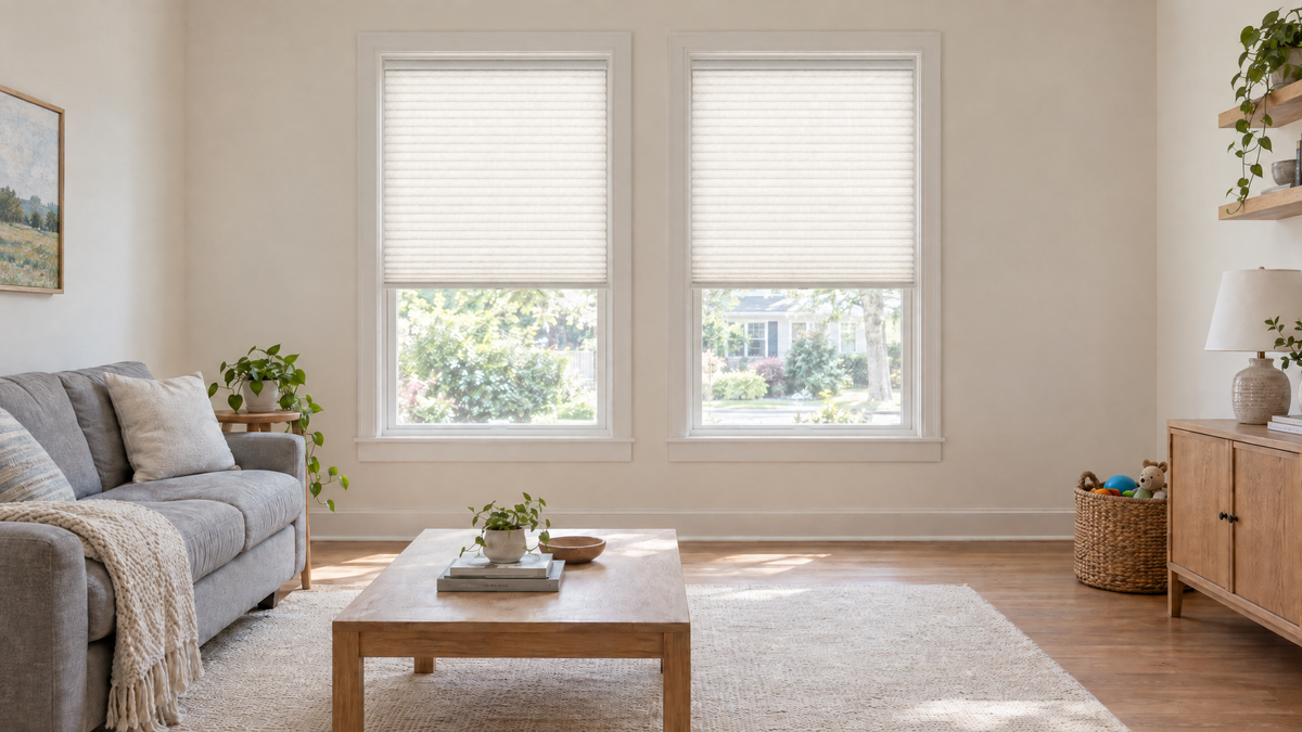 Light Filtering Cellular Shades in White — a bright, lived-in family living room in a mid-sized suburban home