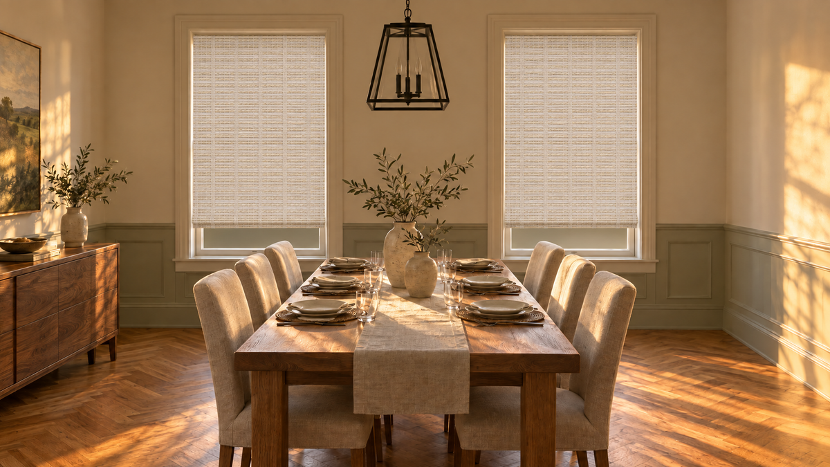 Blackout Woven Wood Shades in White Willow — a dining room, early evening golden hour with warm low directional sun