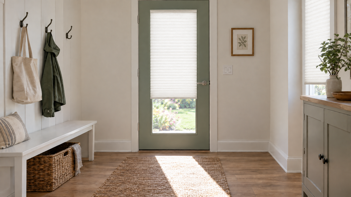 Light Filtering Cellular Shades in White — Photorealistic interior photograph, 3:1 ultra-wide aspect ratio