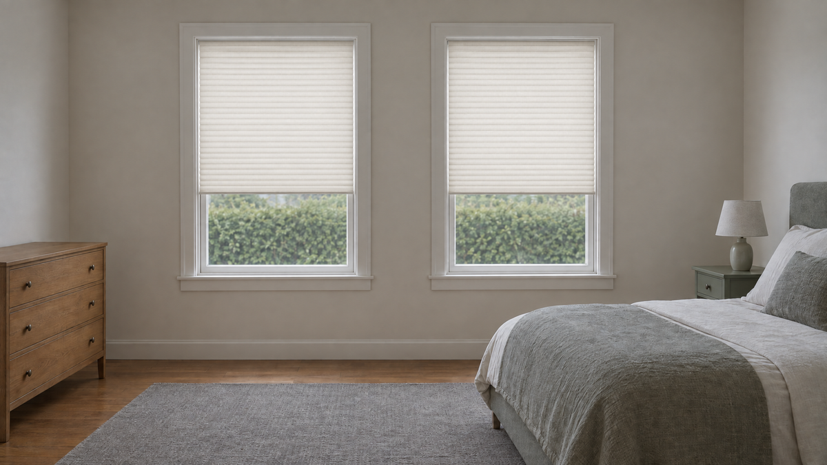 Blackout Cellular Shades in White — a residential bedroom with two matching double hung windows, midday under heavy overcast