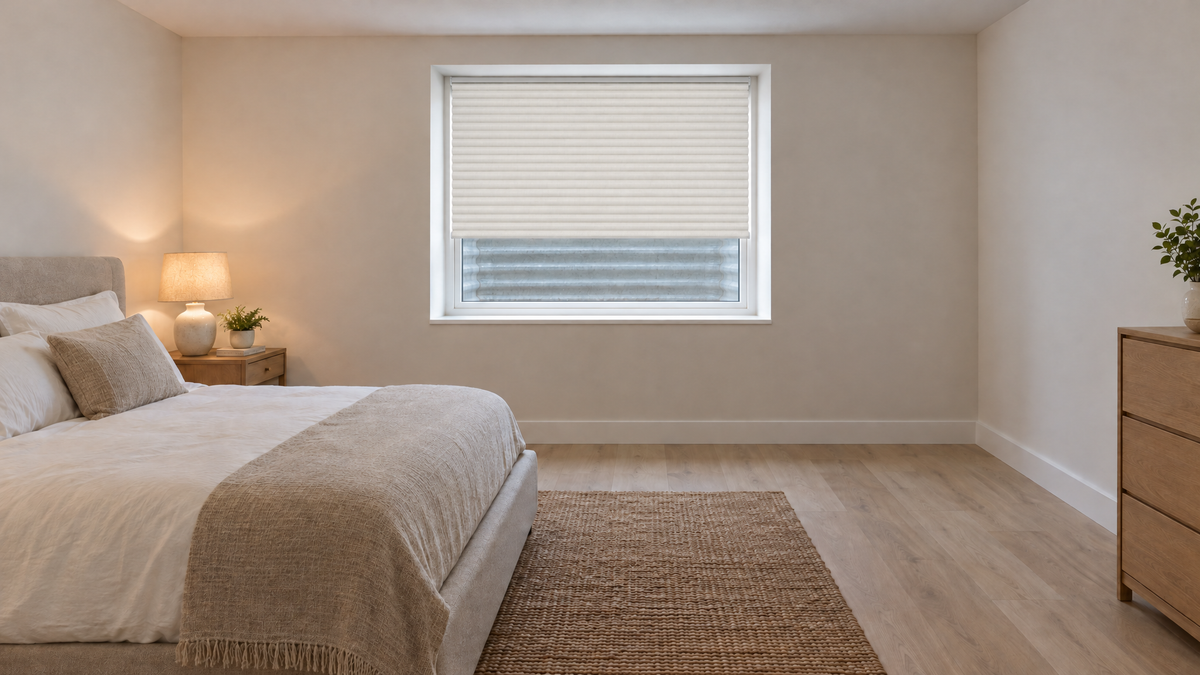 Blackout Cellular Shades in White — a finished basement guest bedroom, simply but neatly furnished: a low upholstered bed with white and oatmeal linen bedding along the left wall, a small wooden nightstand with a ceramic lamp, a jute rug on light oak