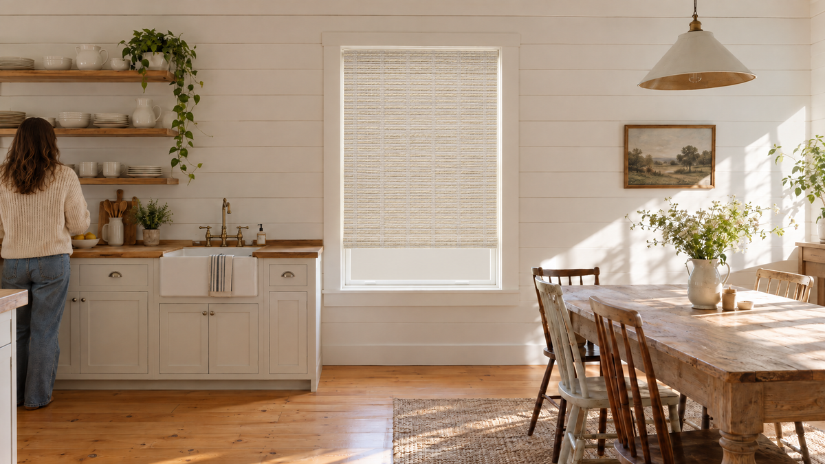 Blackout Woven Wood Shades in White Willow — a modern farmhouse kitchen and breakfast nook, lived-in and fully furnished: white shiplap walls, a white apron-front sink below the window line, butcher block countertop, open wooden shelving with plain white