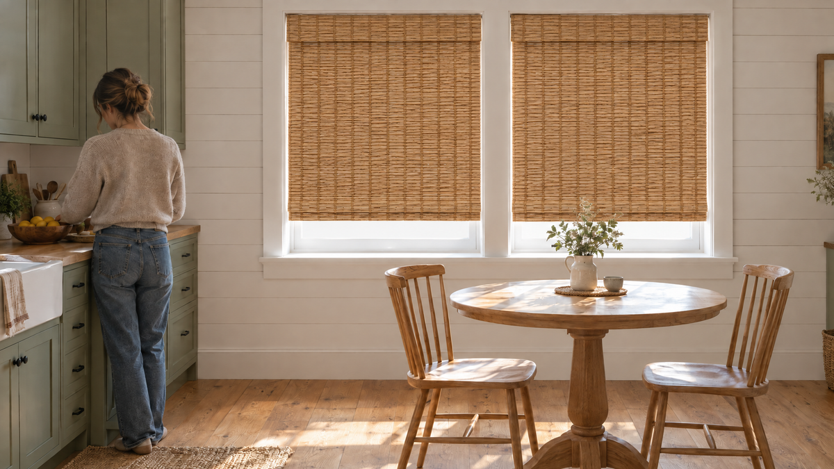 Blackout Woven Wood Shades in Shore Reed — a modern farmhouse kitchen and eating nook