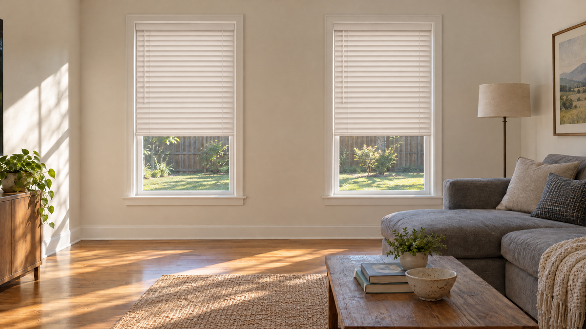 Faux Wood Blinds in Alabaster — Ultra-realistic interior photograph, 3:1 ultra-wide aspect ratio