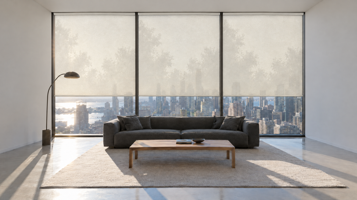 Solar Shades in Ivory — a modern high-rise condo living room with a full wall of floor to ceiling windows, aspect ratio 3:1 ultra-wide