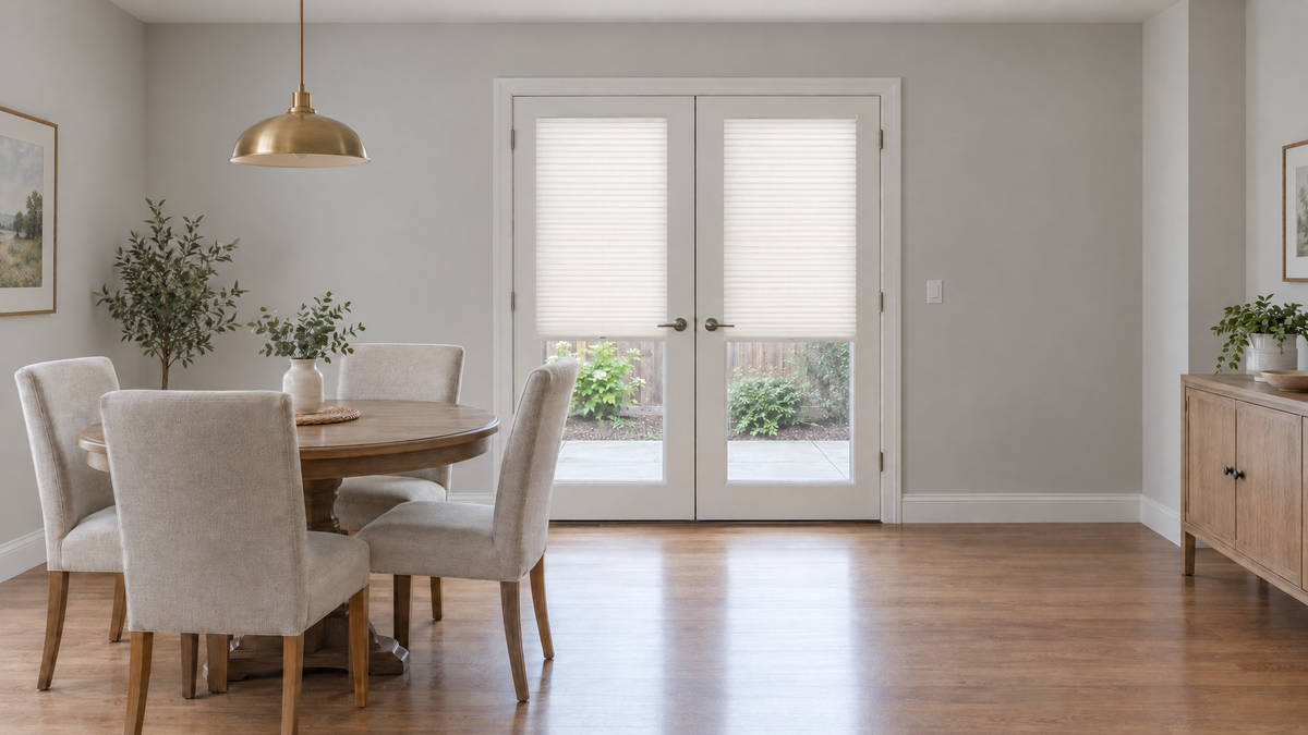 Light Filtering Cellular Shades in White — ultra-realistic interior photograph