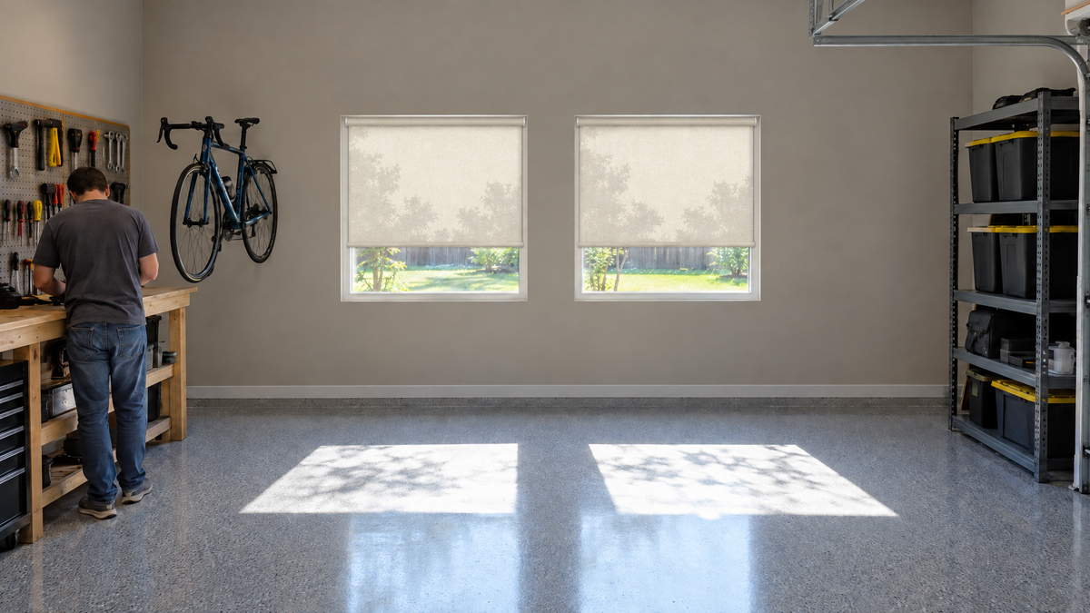 Solar Shades in Ivory — a clean, finished two-car attached garage used as a home workshop