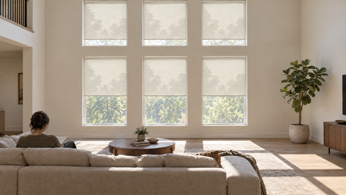 Solar Shades in Ivory — a two-story great room in a newer suburban family home, mid-afternoon with bright directional sun