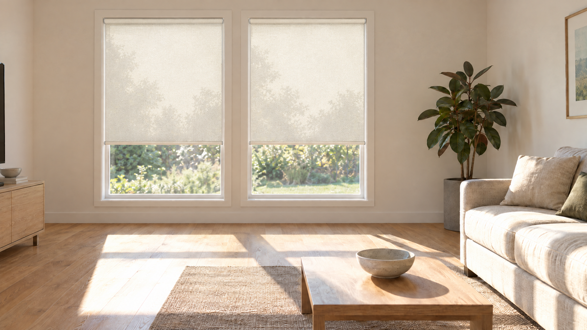 Solar Shades in Ivory — a west-facing residential living room, mid to late afternoon in strong sun