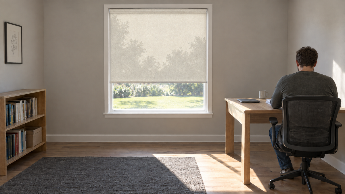 Solar Shades in Ivory — a residential home office, early afternoon with bright directional sun