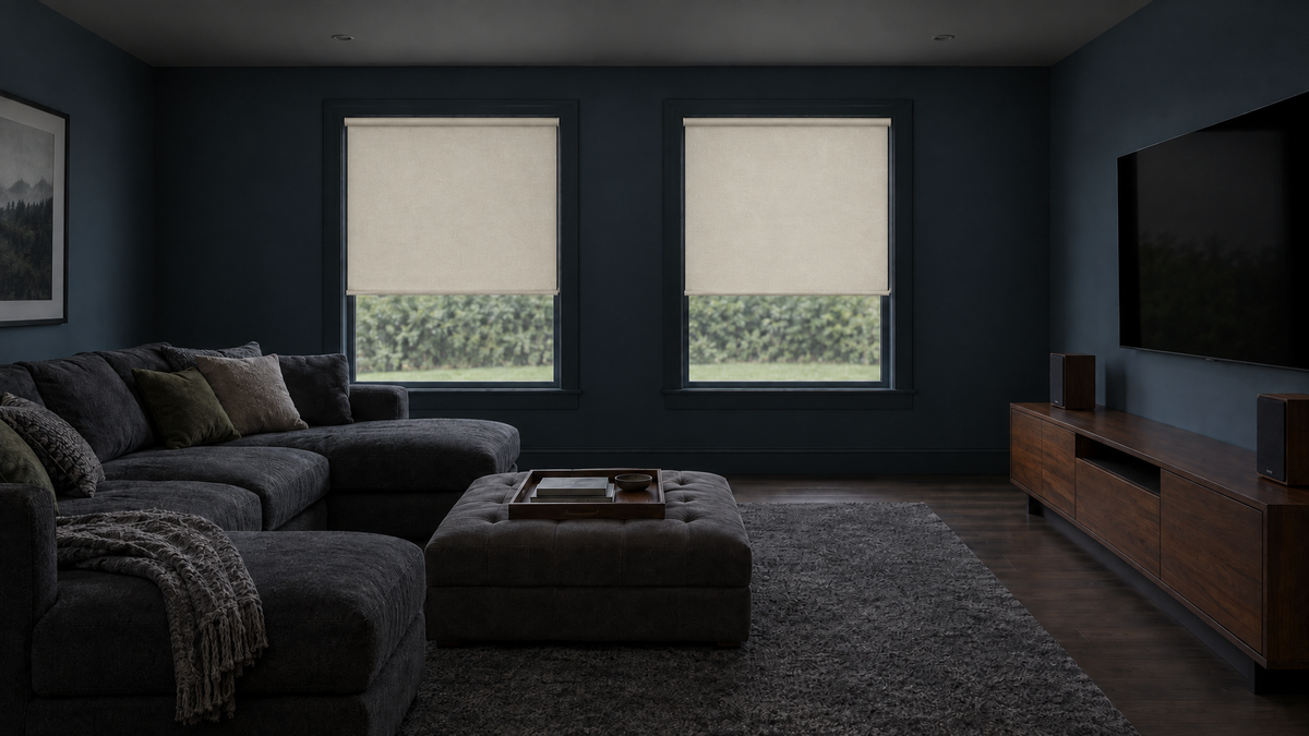 Blackout Roller Shades in Ivory — a dedicated home theater and media room in a finished lower level of a suburban house, early afternoon under heavy overcast