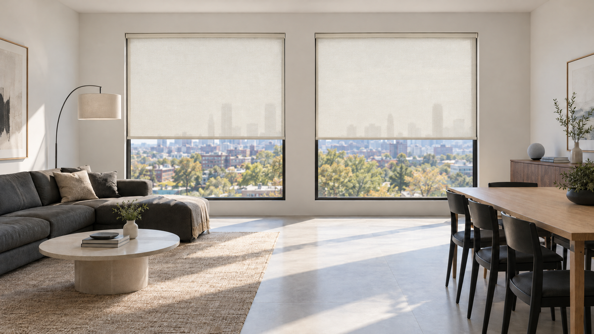 Light Filtering Roller Shades in Ivory — Photorealistic interior photograph, 3:1 ultra-wide aspect ratio