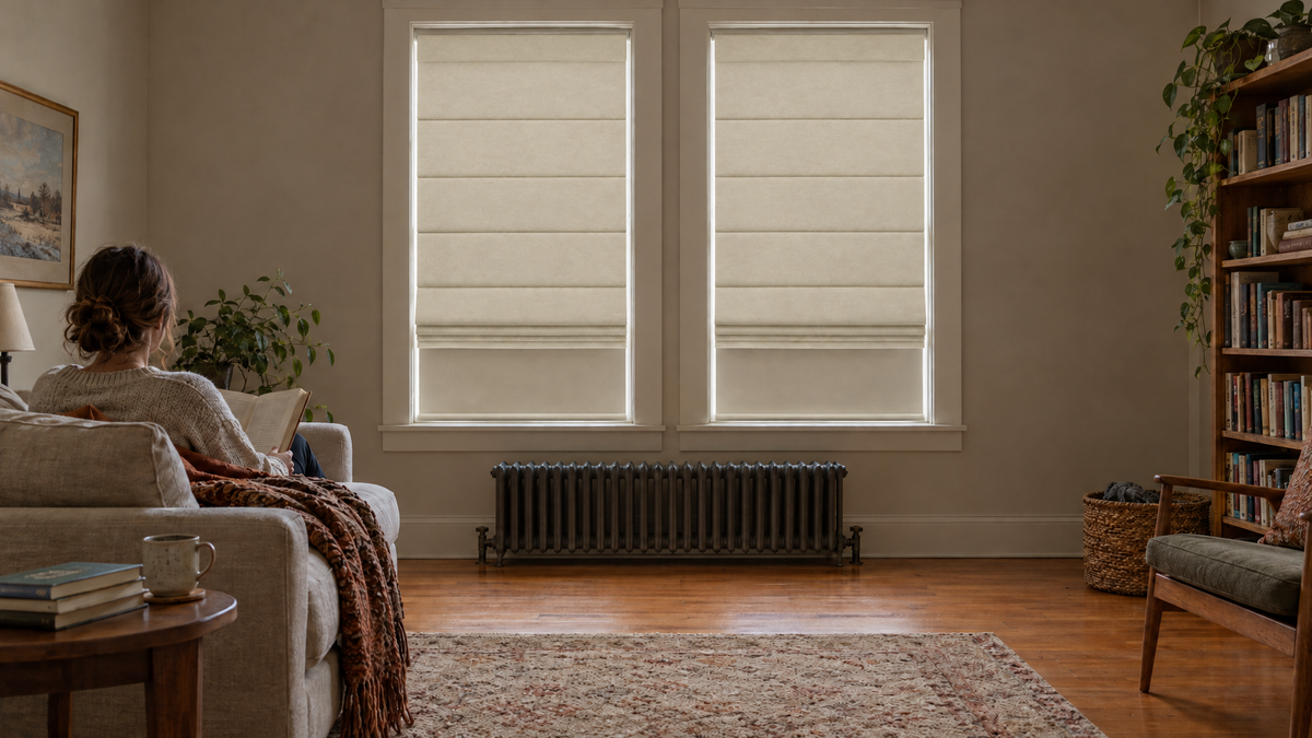 Blackout Roman Shades in Ivory — Ultra-realistic interior photograph, 3:1 ultra-wide aspect ratio