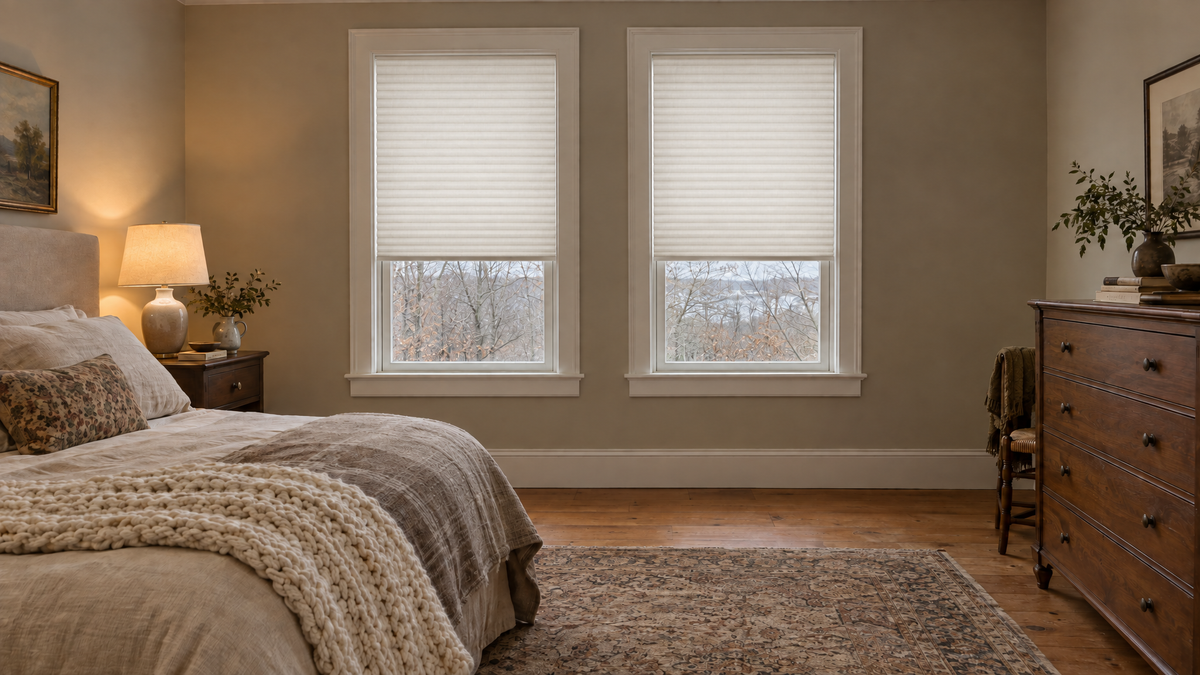Blackout Cellular Shades in White — Photorealistic interior photograph, 3:1 ultra-wide aspect ratio