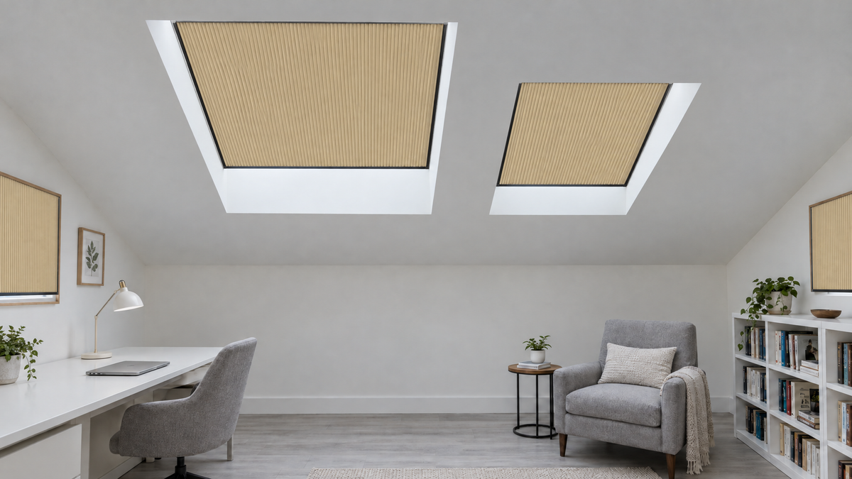 ZeroGlow™ Blackout Shades in Beige — Ultra-realistic interior photograph, 3:1 ultra-wide aspect ratio