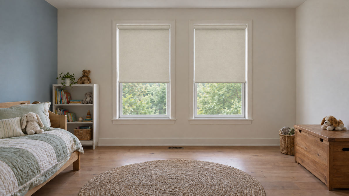Blackout Roller Shades in Ivory — a child's bedroom in a family home, aspect ratio 3:1 ultra-wide