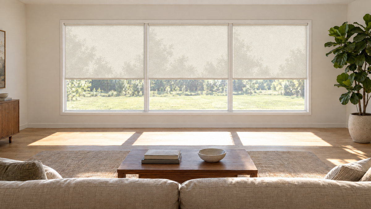 Solar Shades in Ivory — a contemporary family living room built around one very wide window, early afternoon with bright directional sun