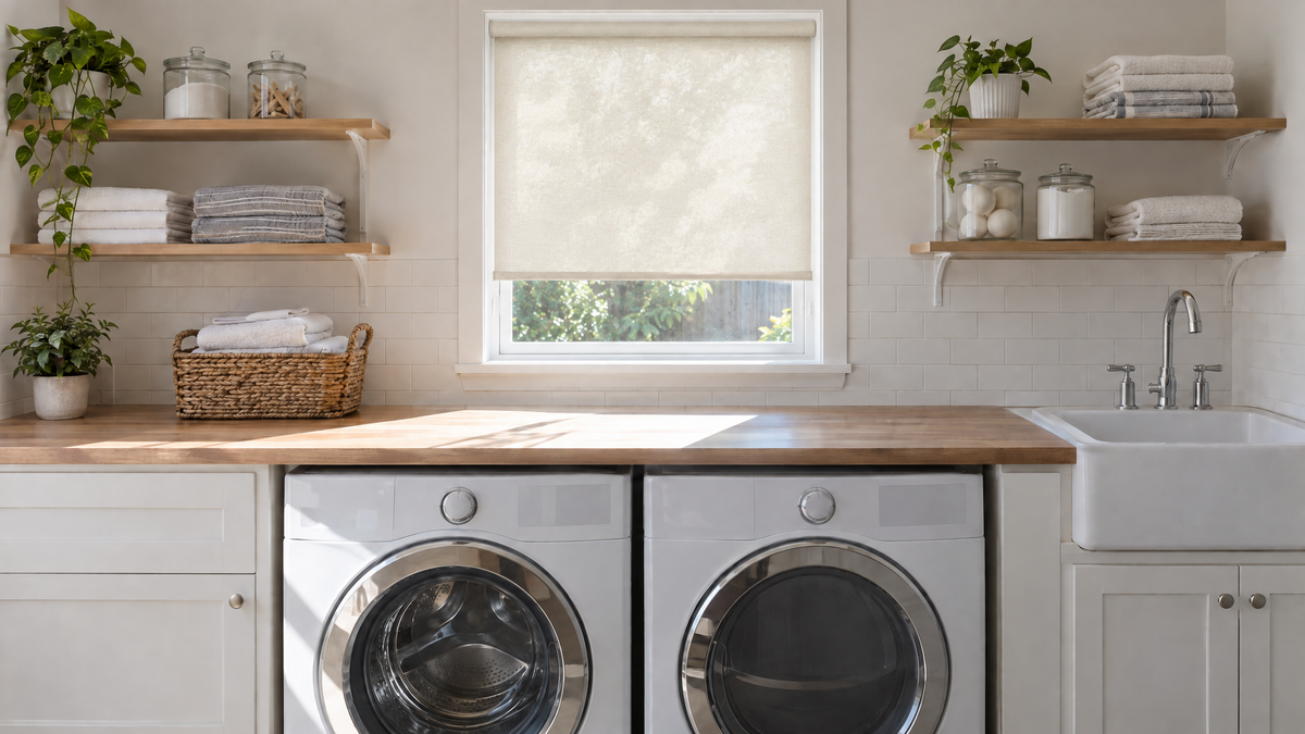 Light Filtering Roller Shades in Ivory — a bright, practical laundry room in a family home