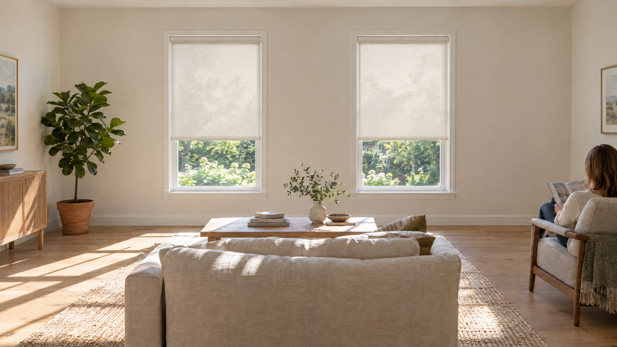 Light Filtering Roller Shades in Ivory — a bright, comfortably furnished family living room, aspect ratio 3:1 ultra-wide