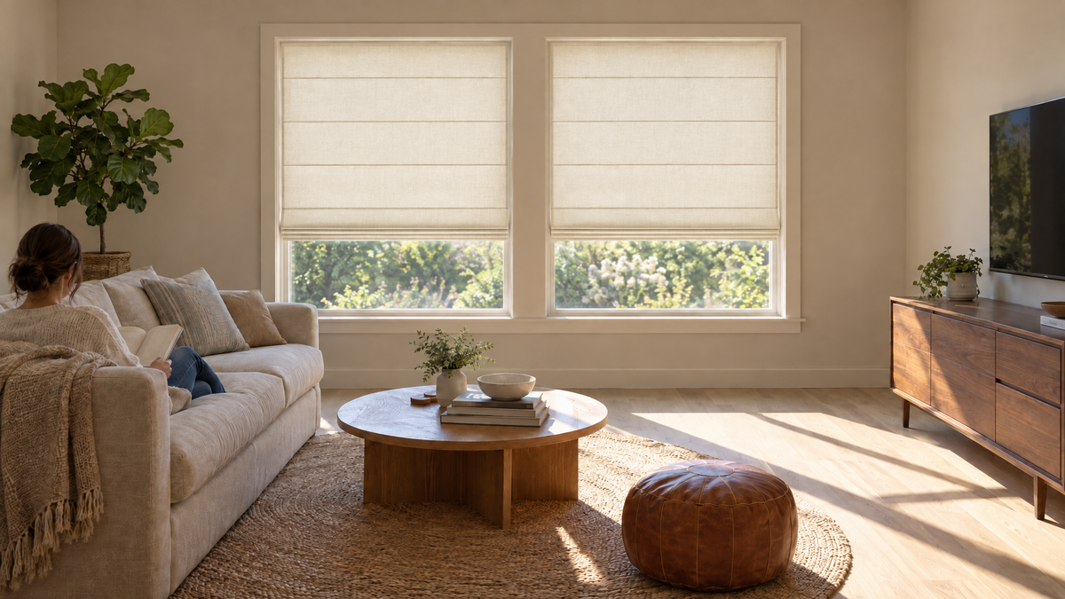 Light Filtering Roman Shades in Ivory — a family living room, mid-afternoon with bright directional sun