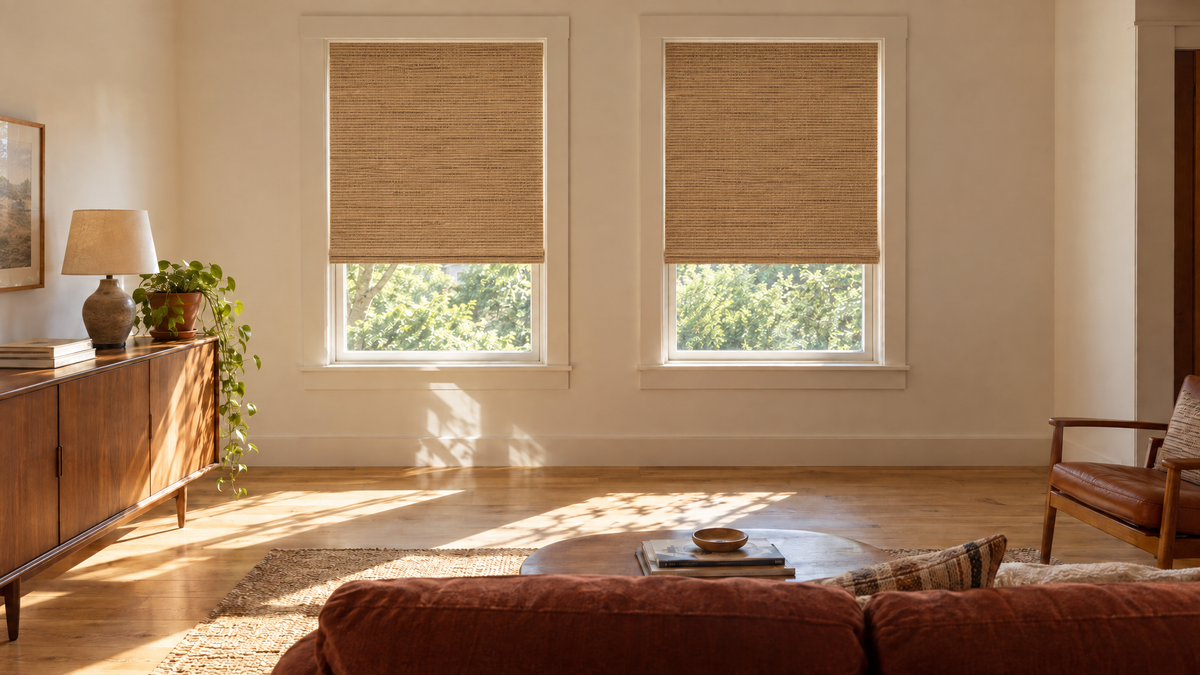 Blackout Woven Wood Shades in Prairie Jute — Photorealistic interior photography of a warm, casually furnished 1970s-influenced living room in an older suburban house