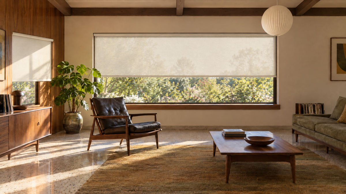 Light Filtering Roller Shades in Ivory — Photorealistic interior photography of an authentic mid century modern living room in a 1958 post-and-beam house