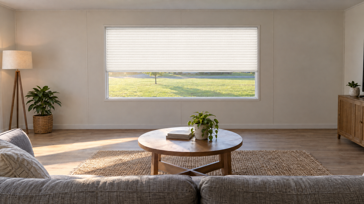 Light Filtering Cellular Shades in White — the living room of a tidy, modern manufactured home